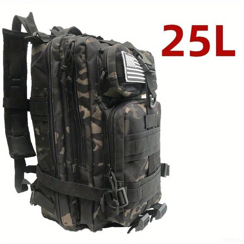 Durable 25L/50L Camo Tactical Backpack made from 1000D Nylon. Waterproof, with American Flag Patch and multiple compartments. Features adjustable straps for Camping, Hiking, Fishing