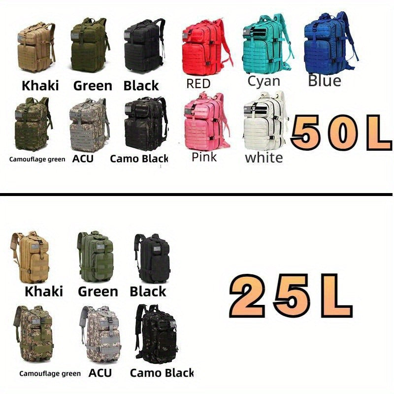 Durable 25L/50L Camo Tactical Backpack made from 1000D Nylon. Waterproof, with American Flag Patch and multiple compartments. Features adjustable straps for Camping, Hiking, Fishing