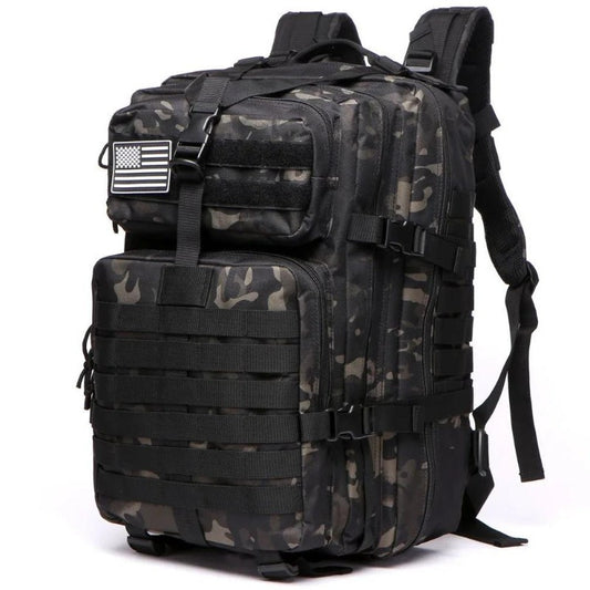 Durable 25L/50L Camo Tactical Backpack made from 1000D Nylon. Waterproof, with American Flag Patch and multiple compartments. Features adjustable straps for Camping, Hiking, Fishing