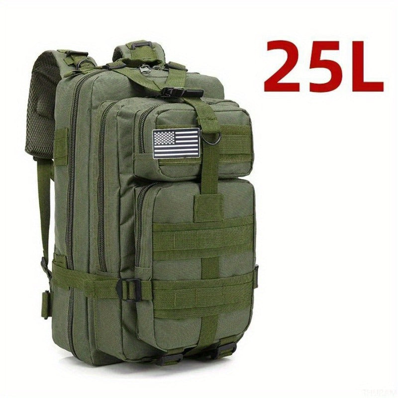 Durable 25L/50L Camo Tactical Backpack made from 1000D Nylon. Waterproof, with American Flag Patch and multiple compartments. Features adjustable straps for Camping, Hiking, Fishing