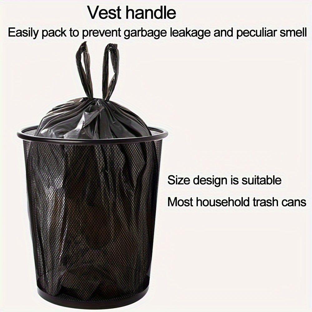 Pack of 100 disposable garbage bags divided into 5 rolls. These thickened bags come with handles and are suitable for a variety of uses including trash, pet waste, kitchen waste sorting, and general rubbish. Perfect for home, kitchen, bathroom, car