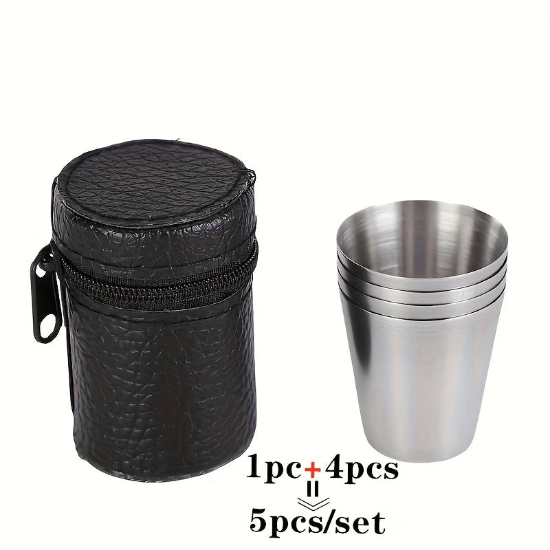 5-piece set of stainless steel cups, reusable and portable for outdoor activities. Hand wash only. Perfect for whiskey shots on-the-go.