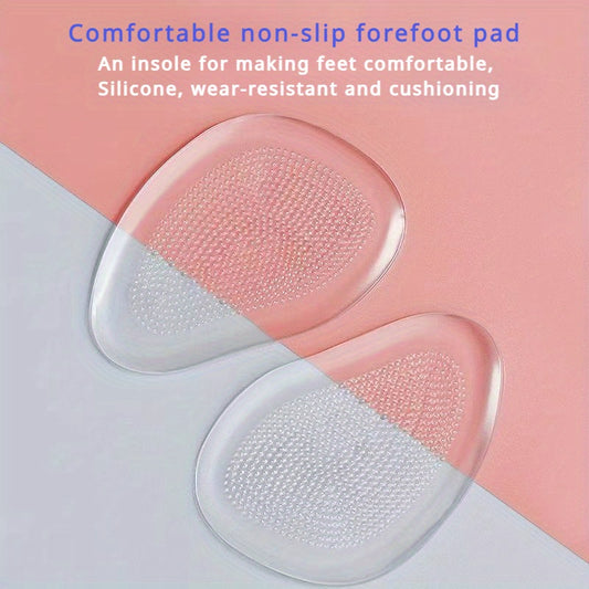 Silicone gel forefoot insoles for women's high heels - non-slip, comfortable, transparent foot pads with anti-slip surface and stability features.