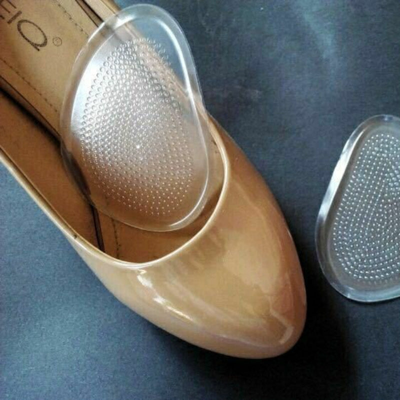 Silicone gel forefoot insoles for women's high heels - non-slip, comfortable, transparent foot pads with anti-slip surface and stability features.