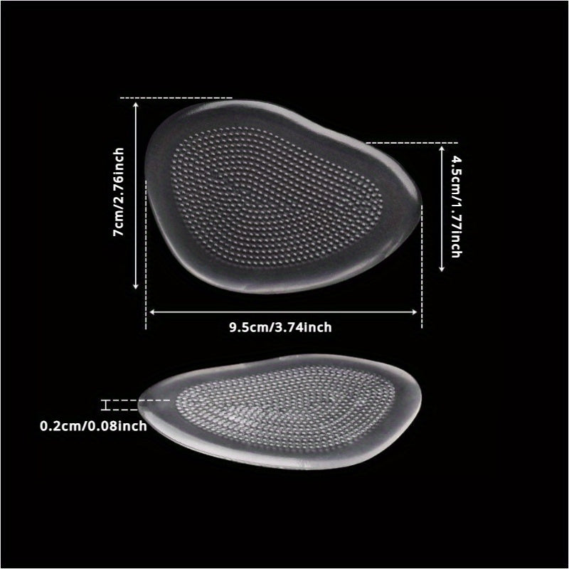 Silicone gel forefoot insoles for women's high heels - non-slip, comfortable, transparent foot pads with anti-slip surface and stability features.