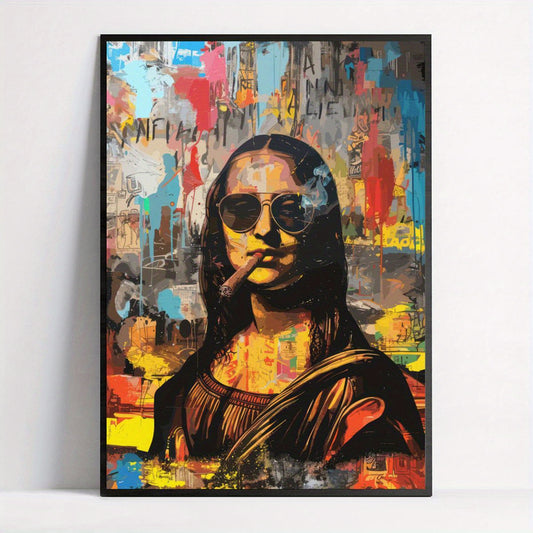 Modern Art Deco Mona Lisa canvas print with a fashion theme, retro portrait design. Frameless ink artwork for hanging in living room, bedroom, or home office. Inspired by Basquiat's watercolor design.