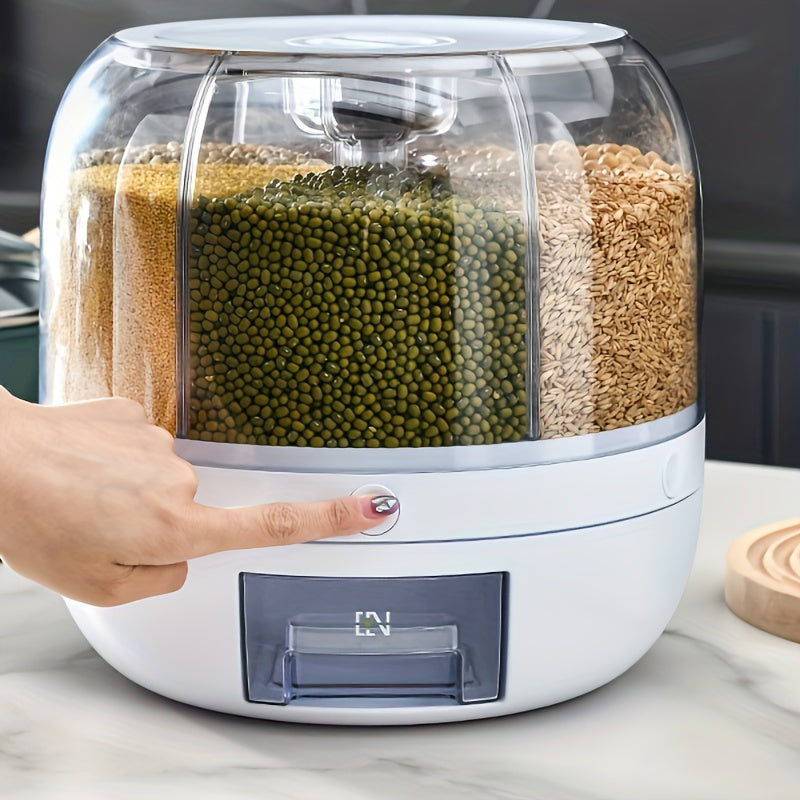 6-compartment rotating rice dispenser for kitchen organization, moisture and insect proof.