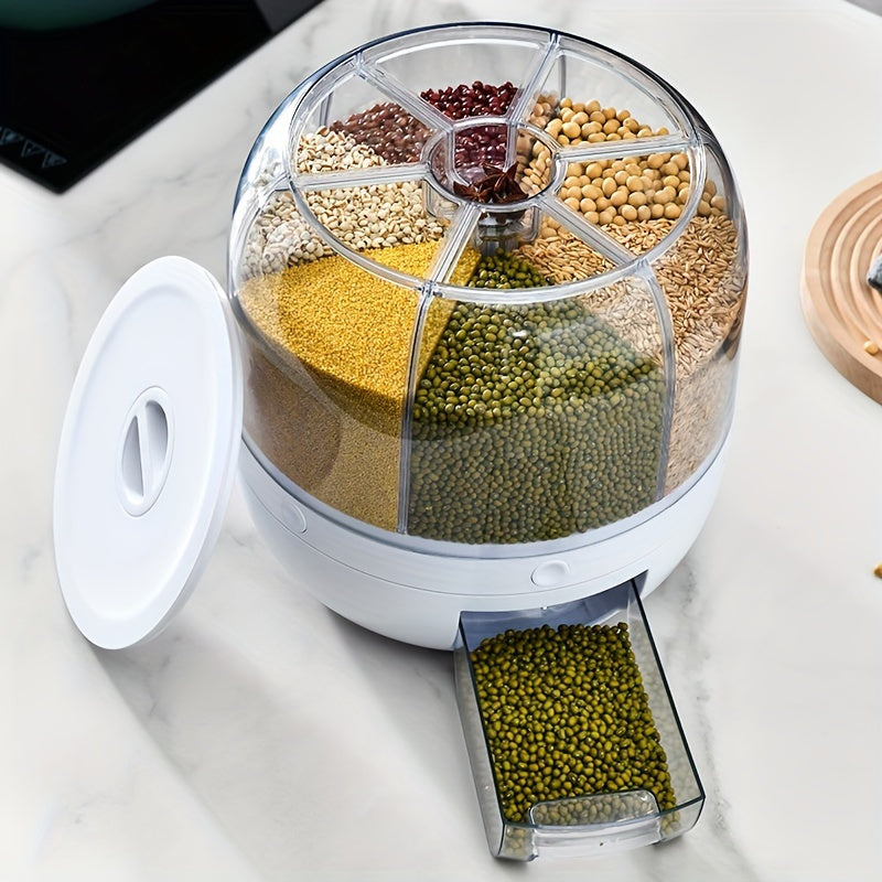 6-compartment rotating rice dispenser for kitchen organization, moisture and insect proof.