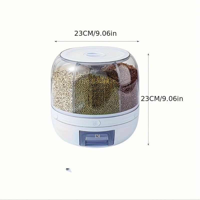 6-compartment rotating rice dispenser for kitchen organization, moisture and insect proof.