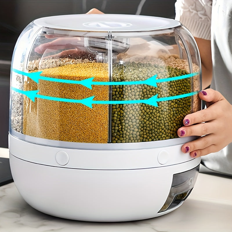 6-compartment rotating rice dispenser for kitchen organization, moisture and insect proof.