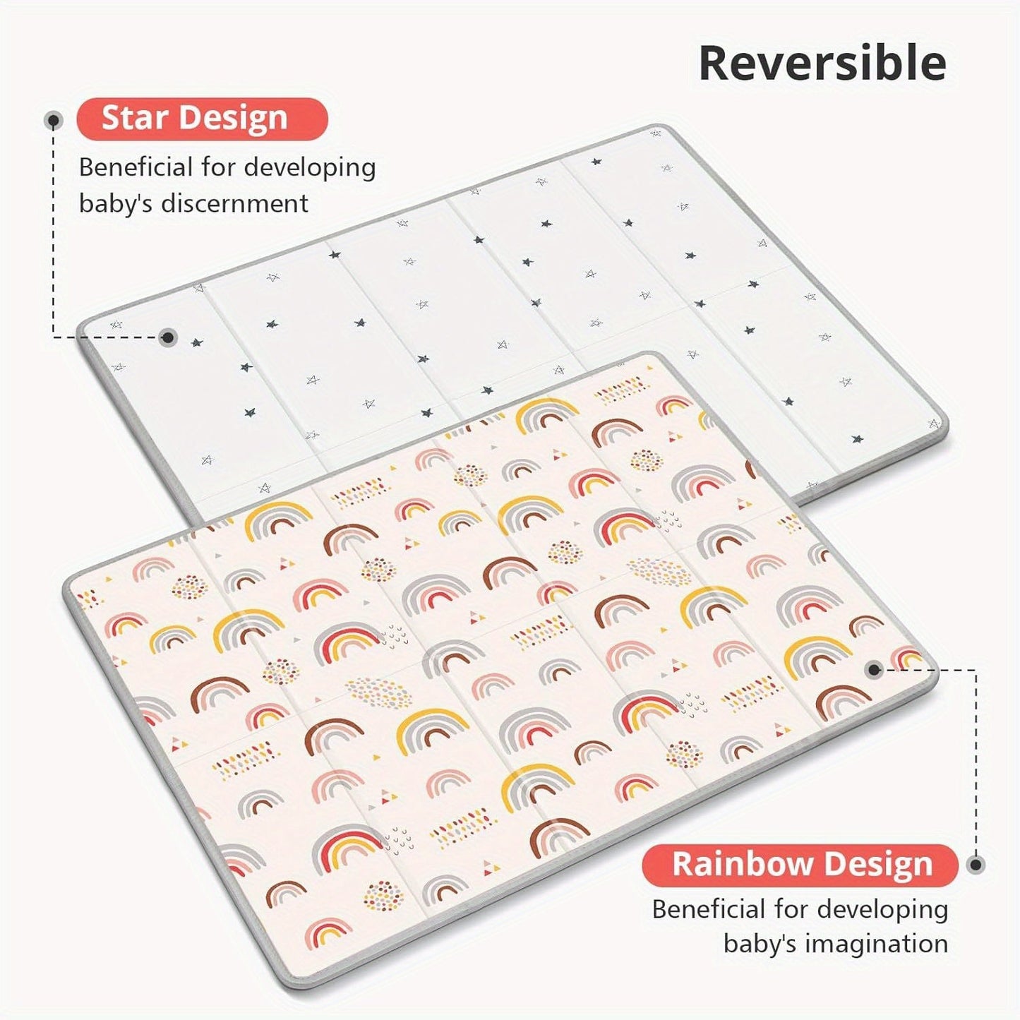 Large Foldable Play Mat for Ages 0-8, Made of PE Foam with Reversible Rainbow & Star Designs, Waterproof and Non-Slip for Safe Crawling, Portable Dual-Design Mat for Kids