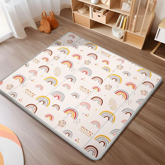 1 piece Play Mat with a thickness of 1.52 cm, made of waterproof foam. This reversible portable floor mat measures 127.0x127.0 cm and features dual patterns of Rainbow & Stars, as well as Circle & Line Design. Made of safe PE material, this mat is an