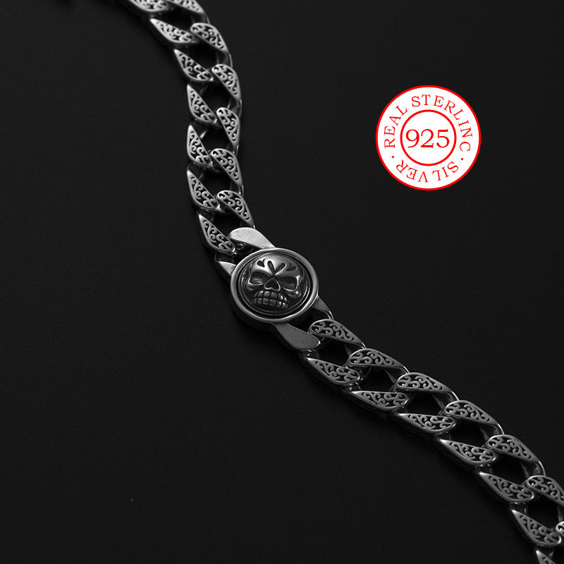 925 Sterling Silver Vintage Skull Charm Bracelet - Ideal for Birthdays & Mother's Day, Cuban Link Style, Easily Adjustable, Lightweight - Great Gift for Both Men and Women