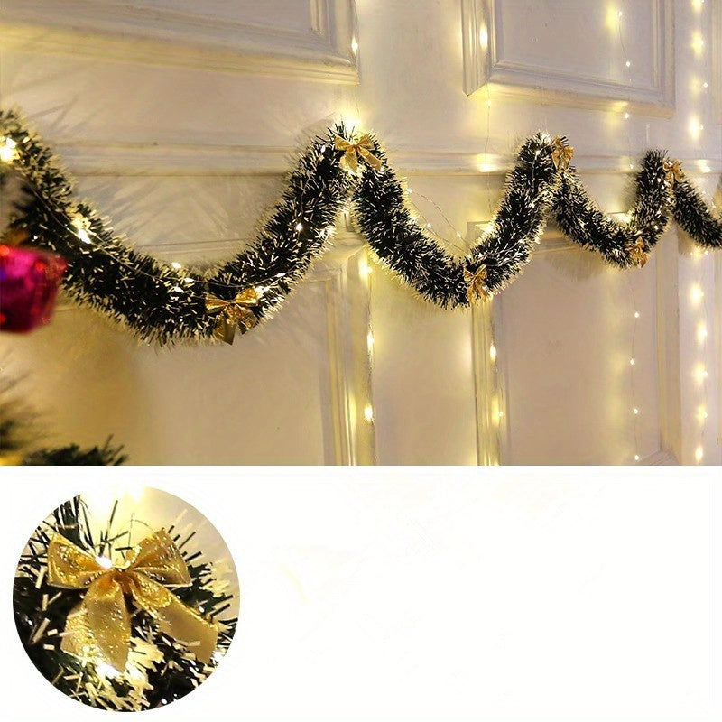 30 LED Christmas tinsel garland set with battery power, ideal for decorating fireplace mantels and staircase railings.