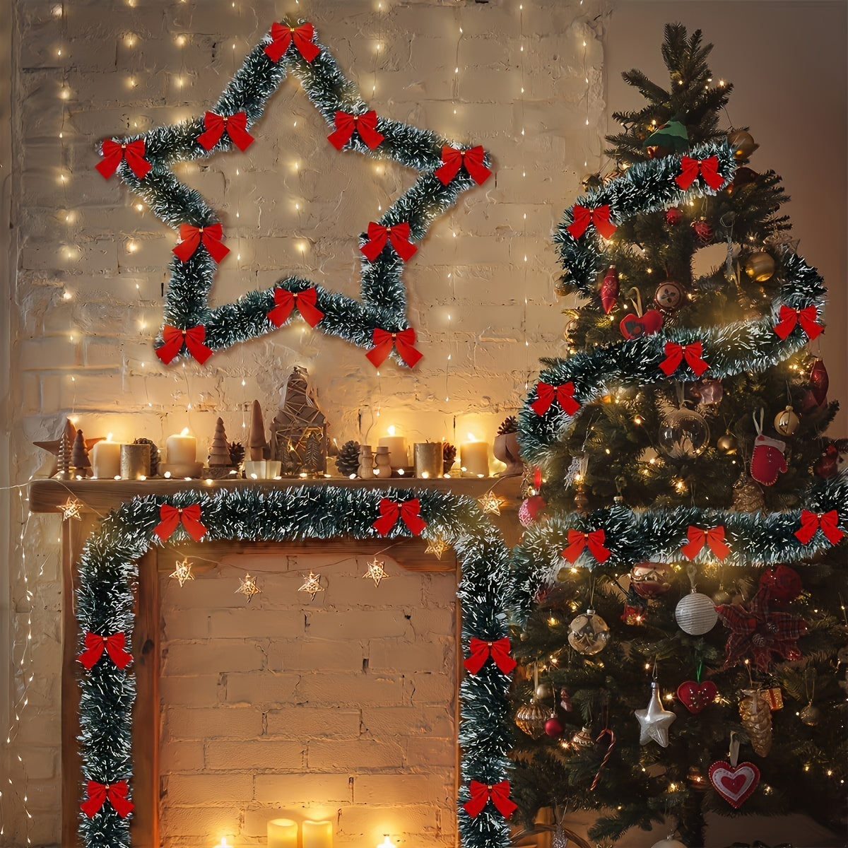 30 LED Christmas tinsel garland set with battery power, ideal for decorating fireplace mantels and staircase railings.