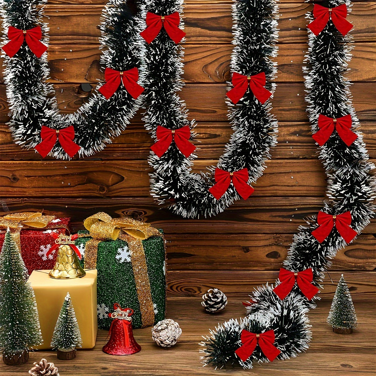 30 LED Christmas tinsel garland set with battery power, ideal for decorating fireplace mantels and staircase railings.