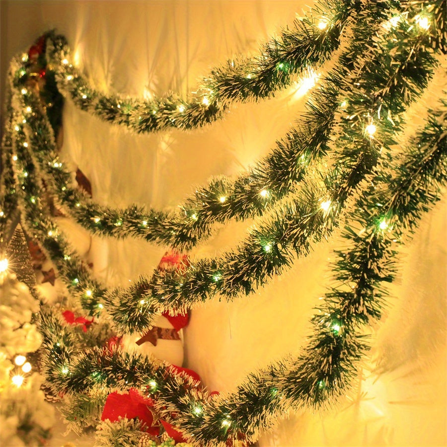 30 LED Christmas tinsel garland set with battery power, ideal for decorating fireplace mantels and staircase railings.