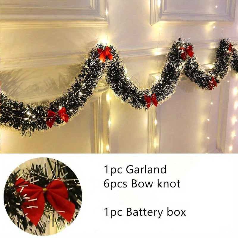 30 LED Christmas tinsel garland set with battery power, ideal for decorating fireplace mantels and staircase railings.