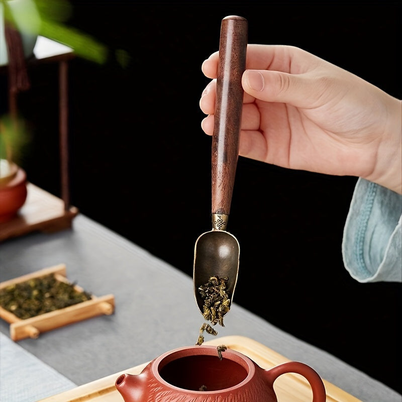 Stylish Black Sandalwood and Alloy Tea Spoon - Ideal for Kung Fu Tea Ceremonies, Mixing Coffee, and Enhancing Beverage Rituals.