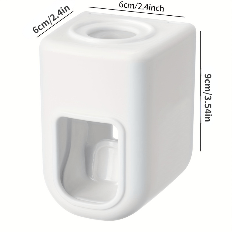 Automated toothpaste dispenser with wall-mounted toothbrush holder and squeezer, no electricity needed. Simplifies toothpaste dispensing in the bathroom. Made of plastic.