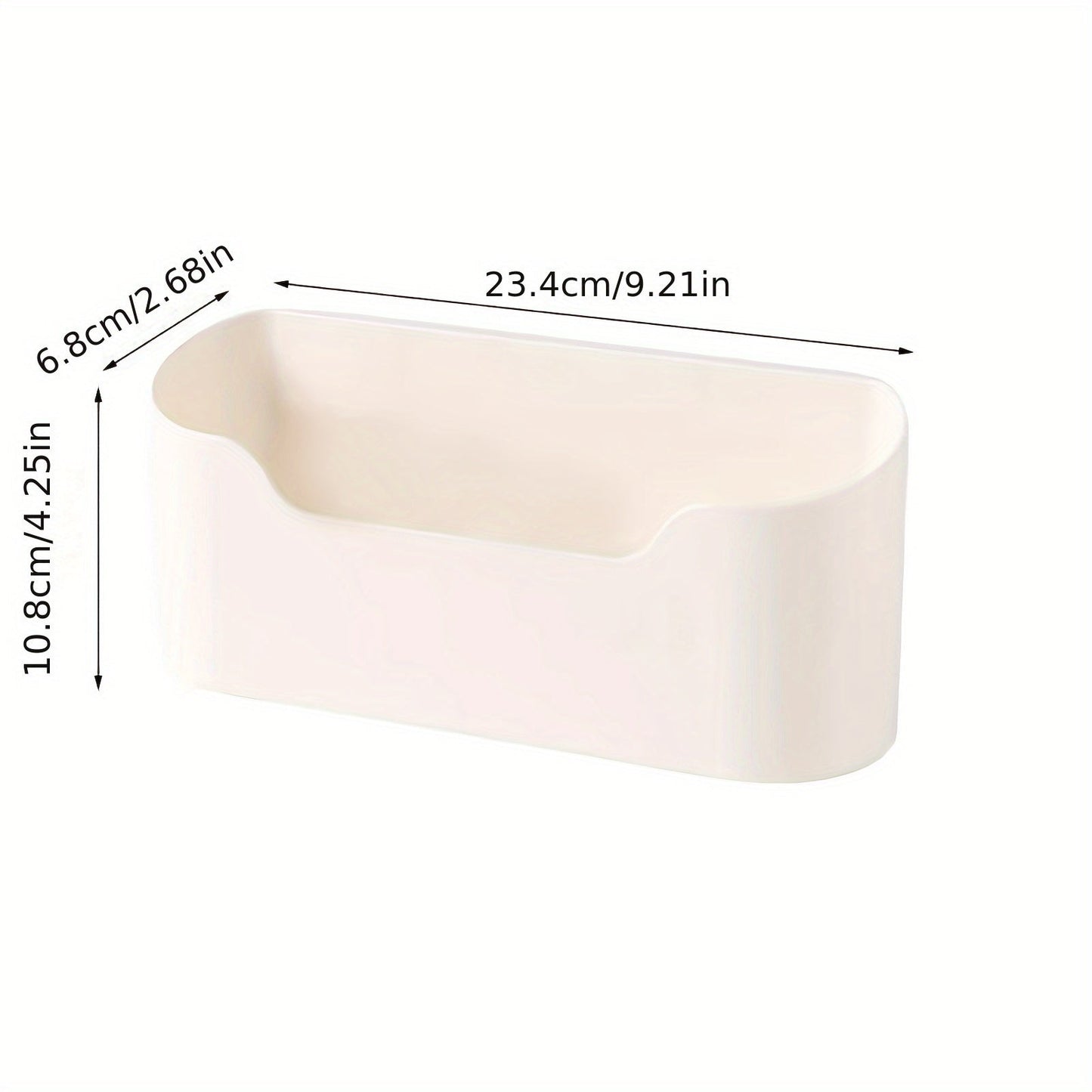 Wall-mounted storage holder with adhesive backing for under-sink organization, suitable for kitchen or bathroom use. Plastic shelf that requires no drilling for installation.