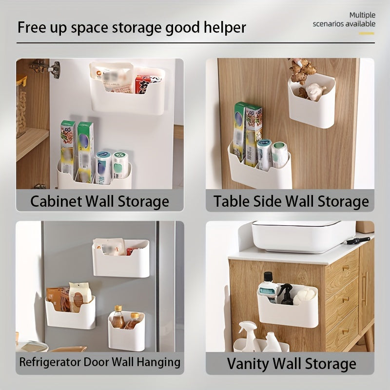 Wall-mounted storage holder with adhesive backing for under-sink organization, suitable for kitchen or bathroom use. Plastic shelf that requires no drilling for installation.