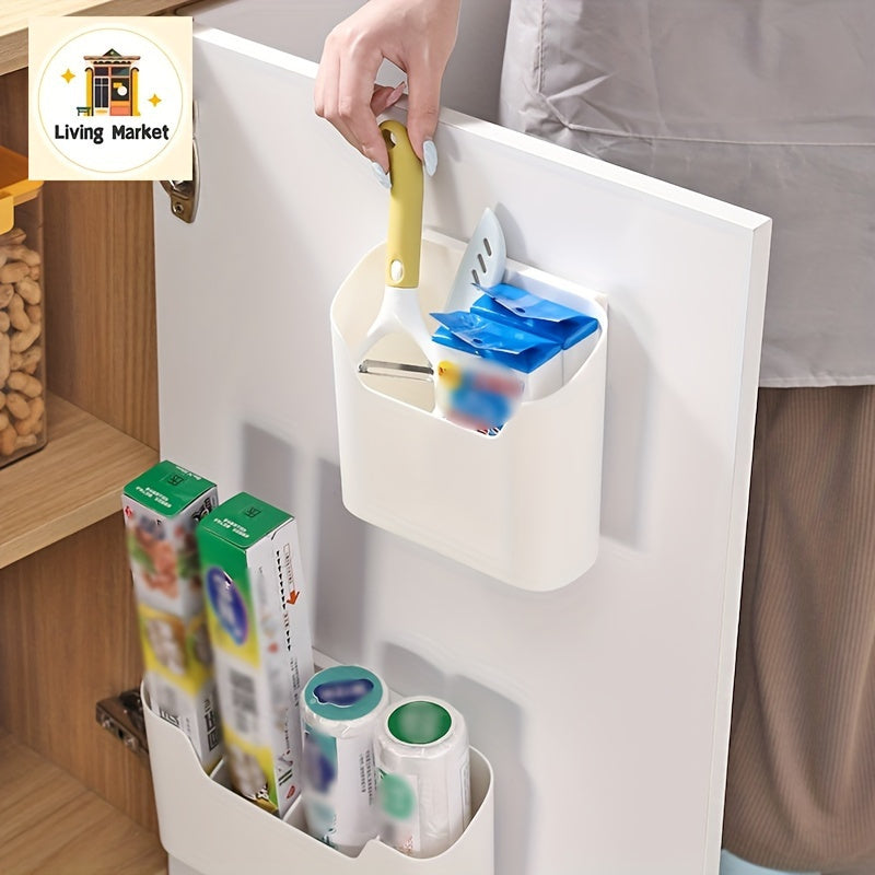 Wall-mounted storage holder with adhesive backing for under-sink organization, suitable for kitchen or bathroom use. Plastic shelf that requires no drilling for installation.