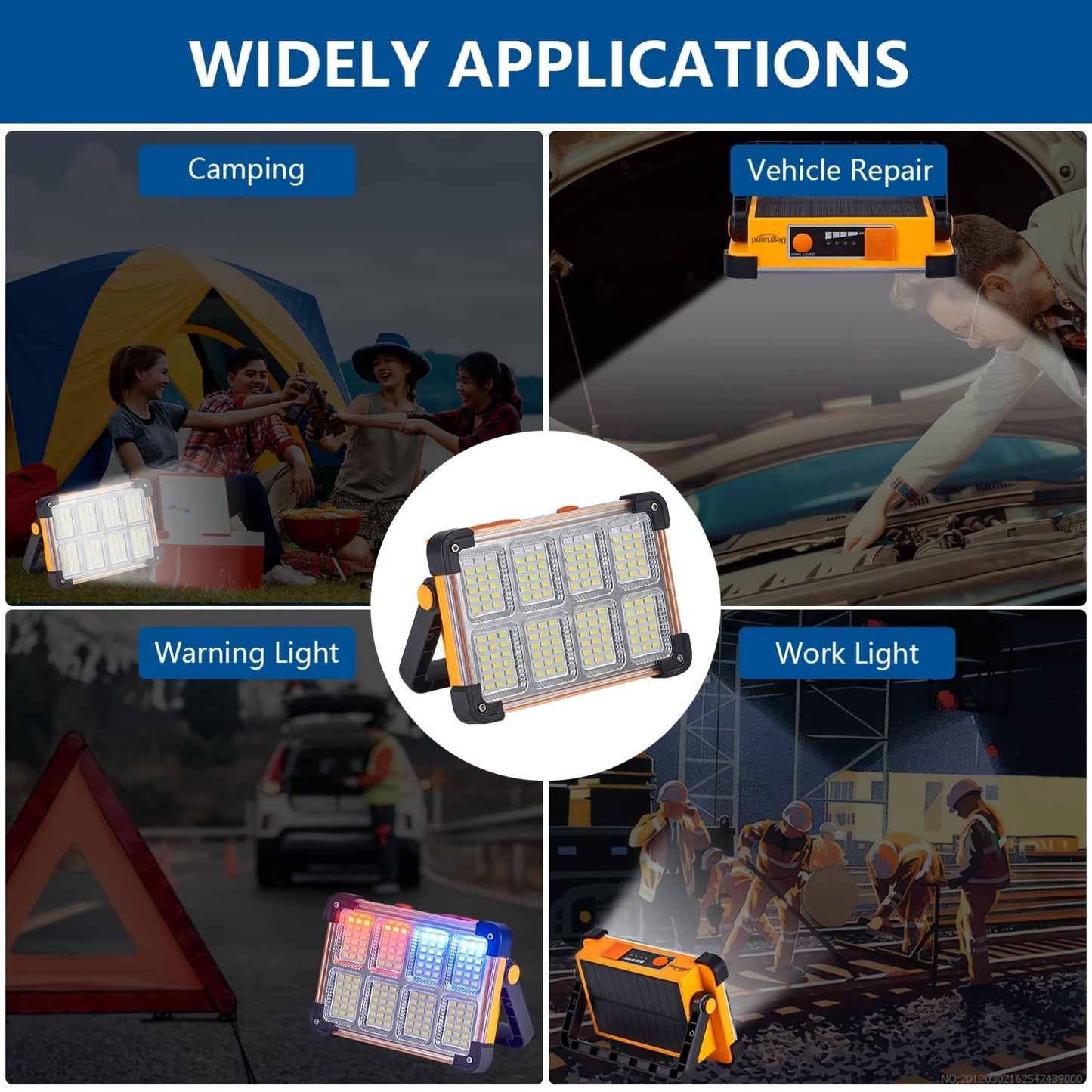 Rechargeable LED Solar Floodlight, versatile for power outage, camping, fishing. Can be charged by solar or USB.