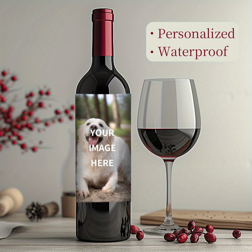 Personalized waterproof photo wine bottle labels for gifts, 8 stickers, ideal for customization, 10x12.7cm.