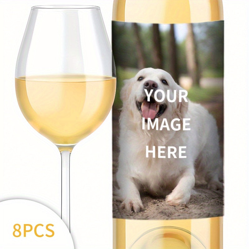 Personalized waterproof photo wine bottle labels for gifts, 8 stickers, ideal for customization, 10x12.7cm.