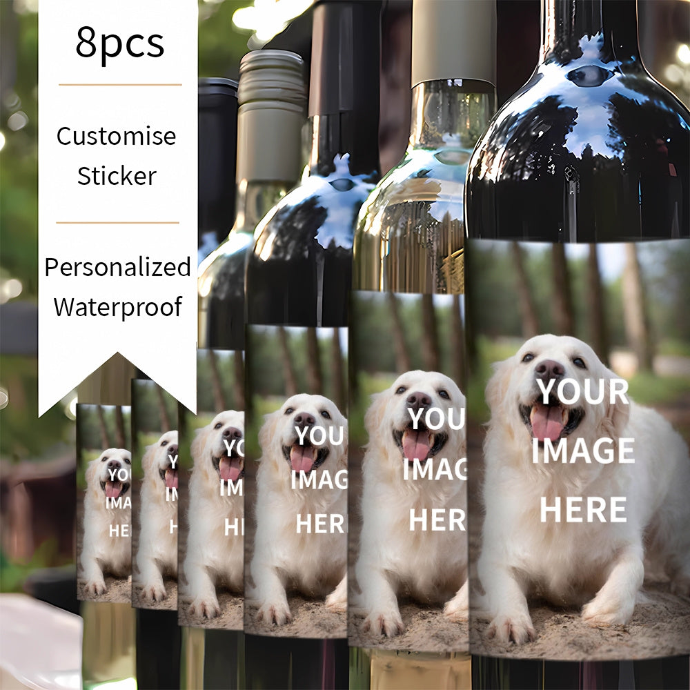 Personalized waterproof photo wine bottle labels for gifts, 8 stickers, ideal for customization, 10x12.7cm.