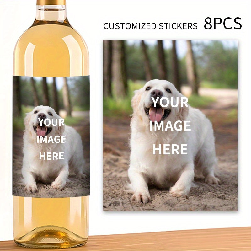 Personalized waterproof photo wine bottle labels for gifts, 8 stickers, ideal for customization, 10x12.7cm.