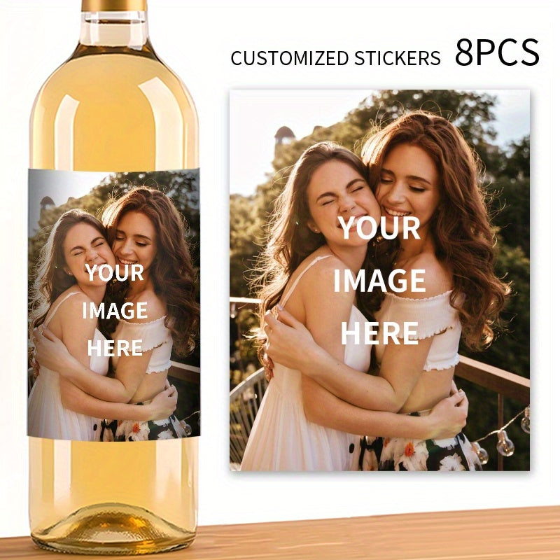 Personalized sisters' gift: 8 custom photo wine labels, waterproof & sun-resistant, ideal for parties. 10x12.7cm.