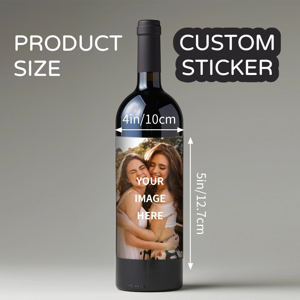 Personalized sisters' gift: 8 custom photo wine labels, waterproof & sun-resistant, ideal for parties. 10x12.7cm.