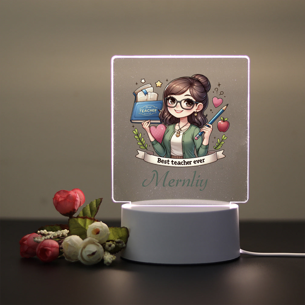 Personalized teacher's day gift: Custom name 3D LED night light in warm rainbow colors. Perfect for birthday parties and decorations.