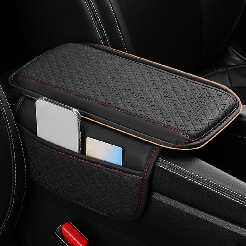 One Universal Car Armrest Cushion features Dual Side Pockets, PU Leather with Tension Mount Storage Organizer for Phone and Cards. Suitable for Ages 14 and up, this Center Console Pad Protector is the perfect Interior Accessory for your vehicle.