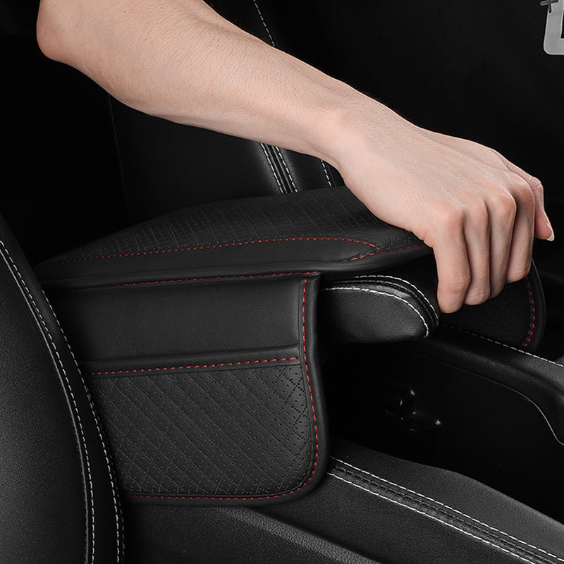 One Universal Car Armrest Cushion features Dual Side Pockets, PU Leather with Tension Mount Storage Organizer for Phone and Cards. Suitable for Ages 14 and up, this Center Console Pad Protector is the perfect Interior Accessory for your vehicle.