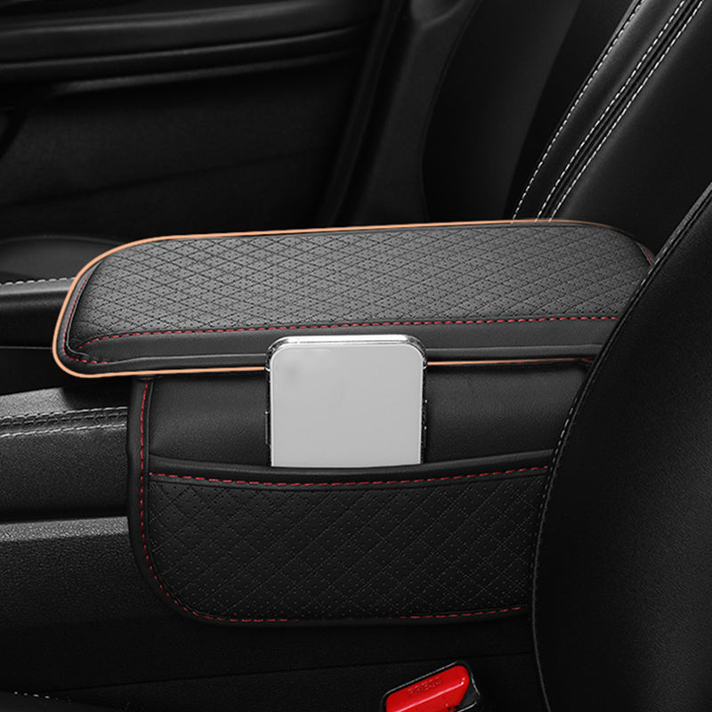 One Universal Car Armrest Cushion features Dual Side Pockets, PU Leather with Tension Mount Storage Organizer for Phone and Cards. Suitable for Ages 14 and up, this Center Console Pad Protector is the perfect Interior Accessory for your vehicle.