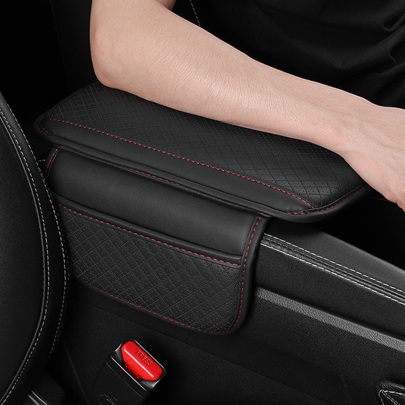 One Universal Car Armrest Cushion features Dual Side Pockets, PU Leather with Tension Mount Storage Organizer for Phone and Cards. Suitable for Ages 14 and up, this Center Console Pad Protector is the perfect Interior Accessory for your vehicle.