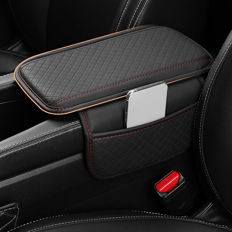 One Universal Car Armrest Cushion features Dual Side Pockets, PU Leather with Tension Mount Storage Organizer for Phone and Cards. Suitable for Ages 14 and up, this Center Console Pad Protector is the perfect Interior Accessory for your vehicle.