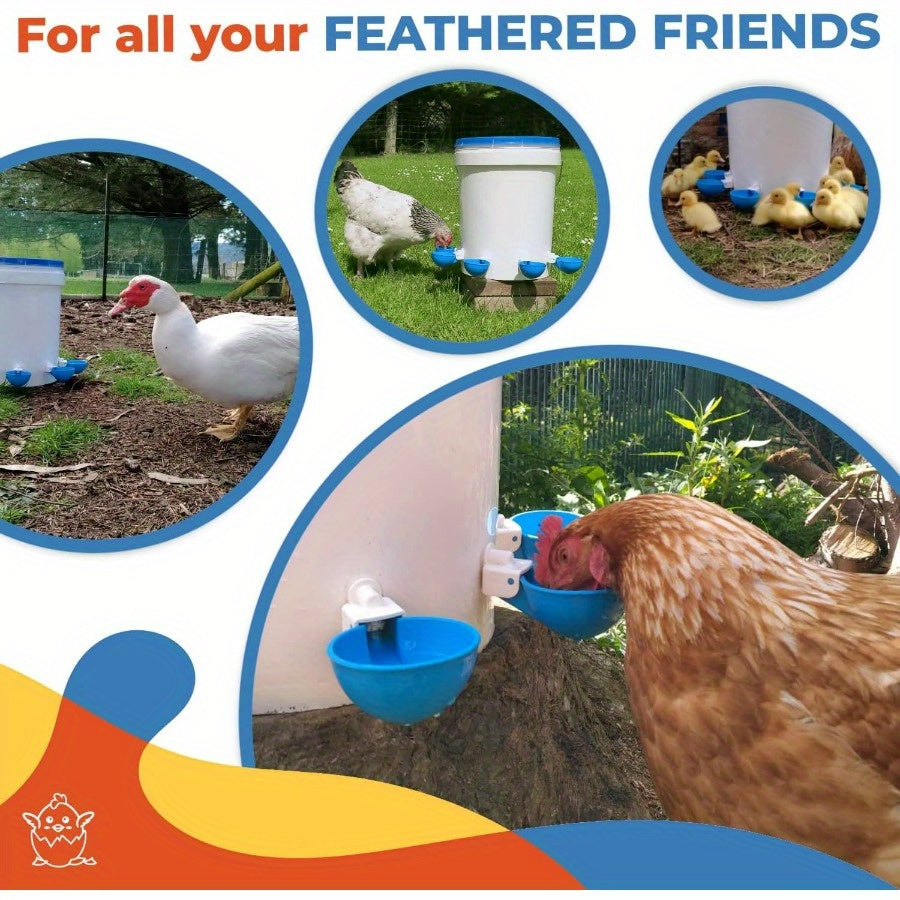 Large blue automatic chicken waterer kit for ducks, geese, turkeys, and rabbits. Effortless flow design, weatherproof plastic, and leak-proof lid.