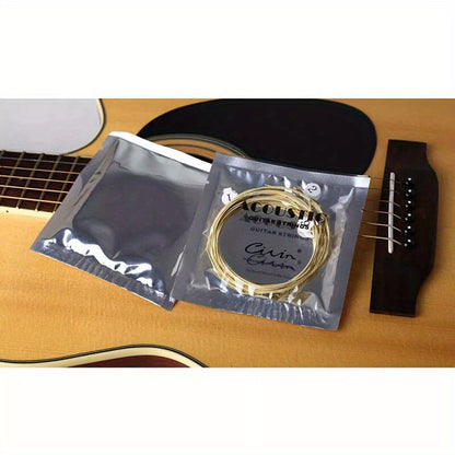 1 Set of 6 Goldbronze acoustic classical guitar strings with roundwound, coated, and polished finish for durability and warm tone.