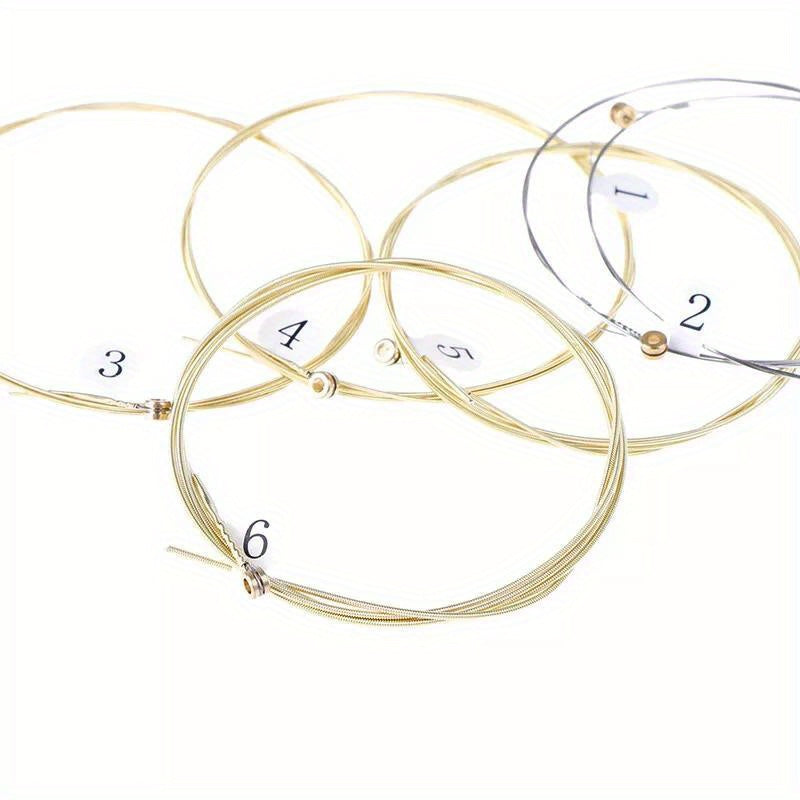 1 Set of 6 Goldbronze acoustic classical guitar strings with roundwound, coated, and polished finish for durability and warm tone.