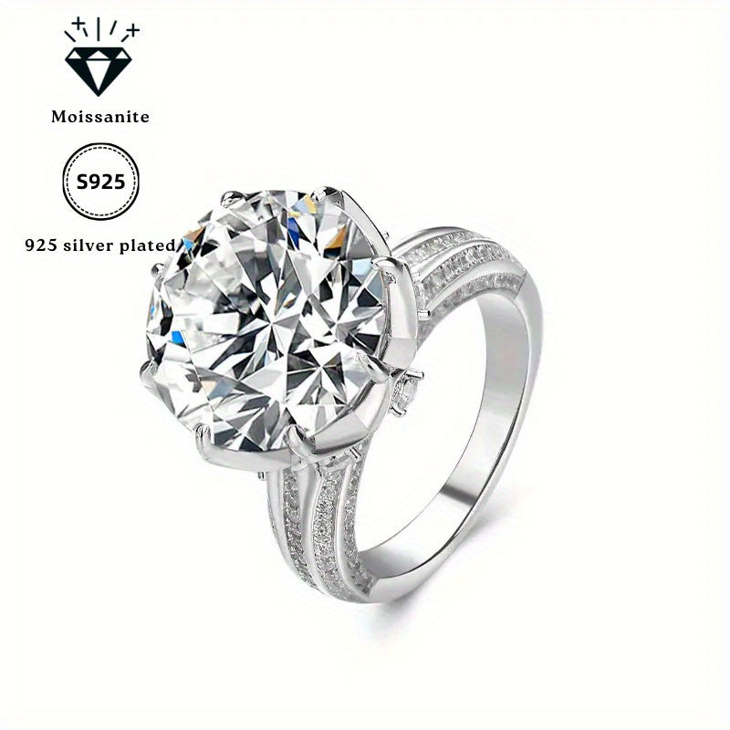 Personalized Engraved 925 Sterling Silver Ring with Custom Numbers, English Words, and Love Symbol - Featuring a 10.0 CT Round Moissanite Stone, Elegant 8-Claw Design, Lightweight 6.9g, Complete with Beautiful Gift Box for Her, Custom Name Lettering