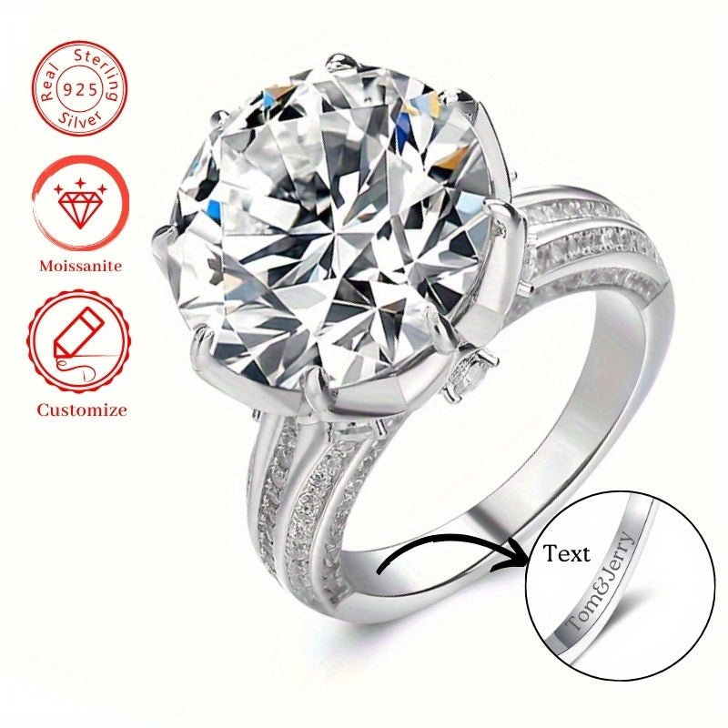 Personalized Engraved 925 Sterling Silver Ring with Custom Numbers, English Words, and Love Symbol - Featuring a 10.0 CT Round Moissanite Stone, Elegant 8-Claw Design, Lightweight 6.9g, Complete with Beautiful Gift Box for Her, Custom Name Lettering