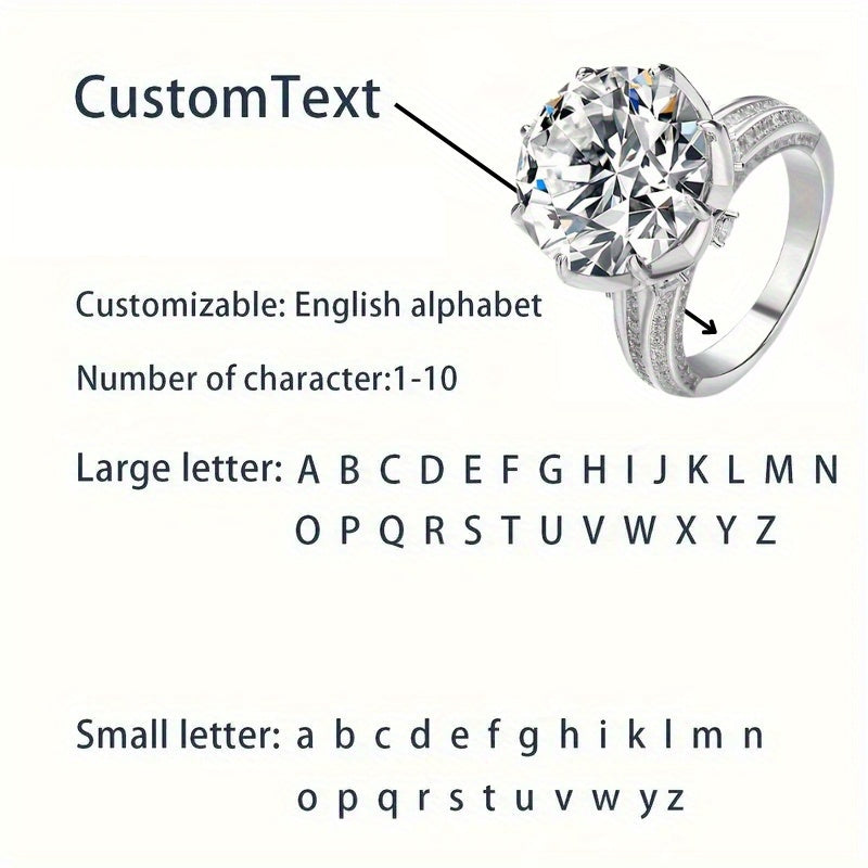 Personalized Engraved 925 Sterling Silver Ring with Custom Numbers, English Words, and Love Symbol - Featuring a 10.0 CT Round Moissanite Stone, Elegant 8-Claw Design, Lightweight 6.9g, Complete with Beautiful Gift Box for Her, Custom Name Lettering