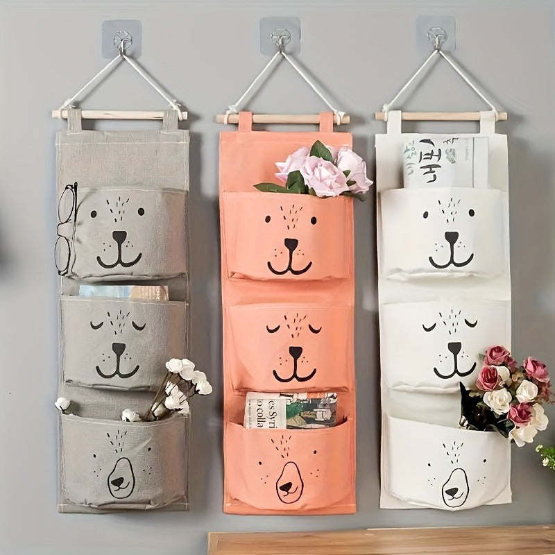 Adorable Cartoon Animal Face Hanging Organizer, Fabric Wall Pocket Shelf for Every Room, Versatile Door Back Hanging Basket for Clothes, Hats, Jewelry & More