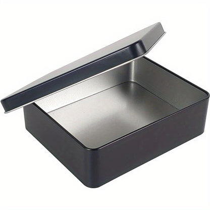 Multipurpose black metal storage box with lid, ideal for keys, cookies, and pencils. Measures 21.84x16.0x6.35 cm. Perfect for home organization.