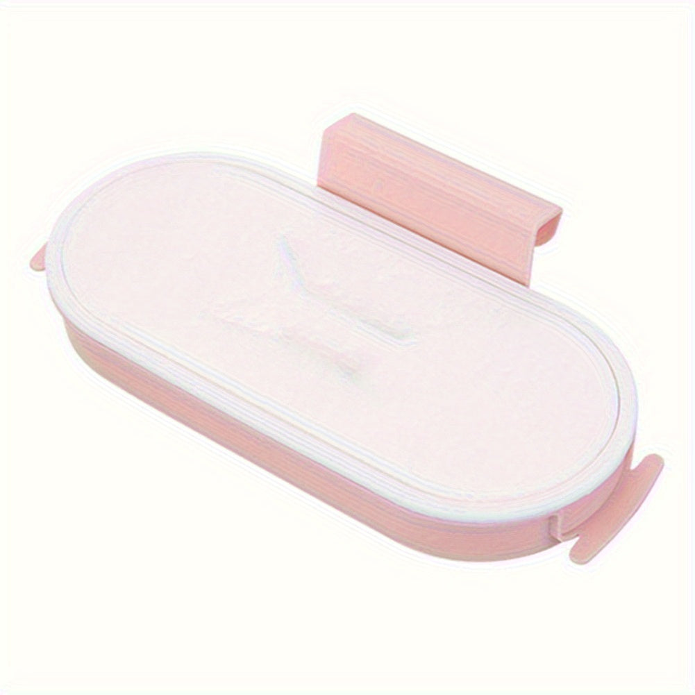 Portable plastic kitchen garbage bag holder with lid, no power needed, square shape, hangs on cabinet door.