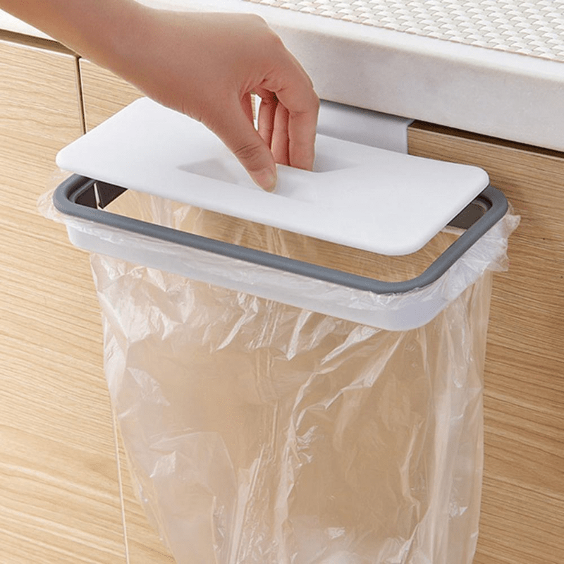 Portable plastic kitchen garbage bag holder with lid, no power needed, square shape, hangs on cabinet door.